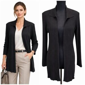 Exclusively Misook Black Ribbed Knit Open Front Longline Cardigan Jacket Small